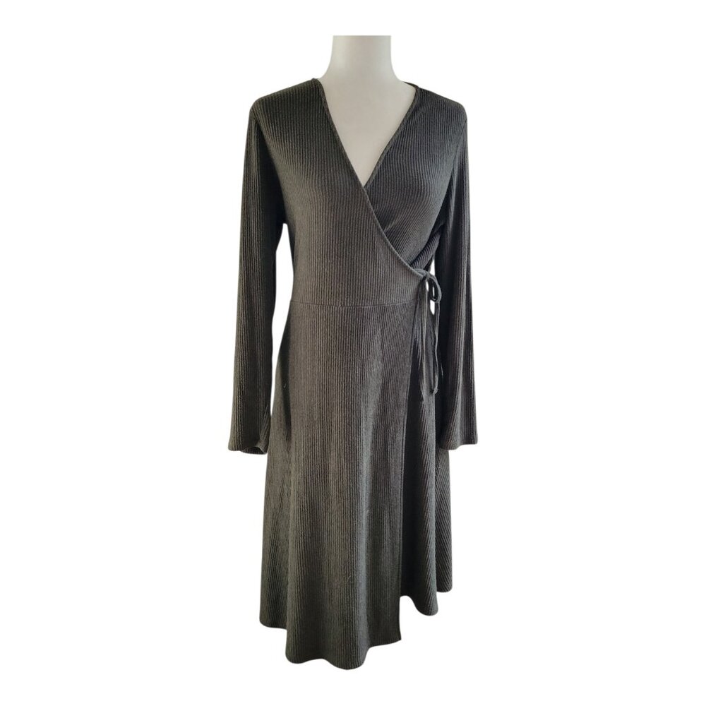 Olive Ribbed Knit Wrap Dress